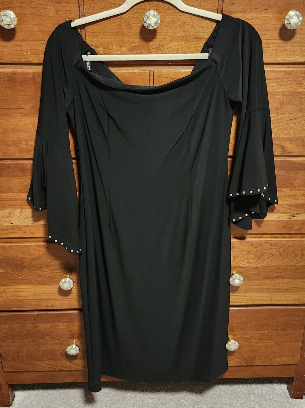 Joseph Ribkoff Size 10 Black Dress Sheath Studded Flair Sleeves Cocktail NWT